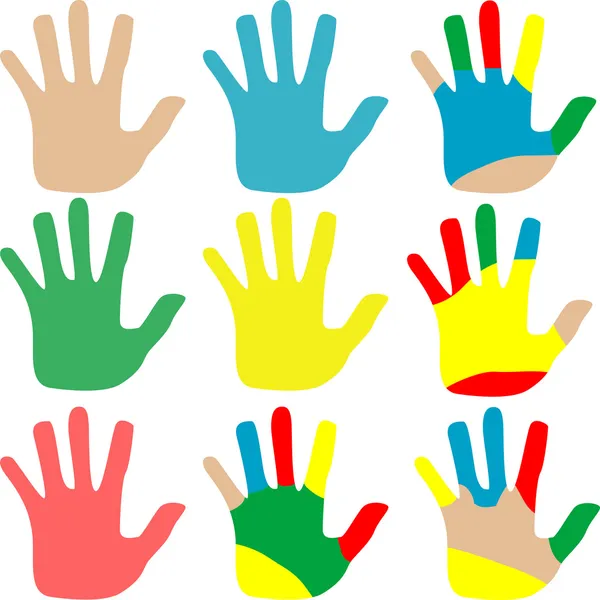 Resimde çeşitli renklerdeki küme üzerinde beyaz izole eller — Stok fotoğraf