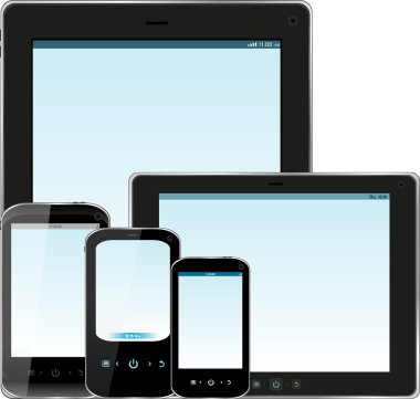gerçekçi görüntü, tablet bilgisayar ve cep telefonu şablonu ile mavi ekran