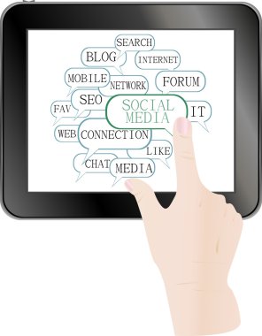 sosyal medya Temalar metin anahtar kelimeler. tablet pc