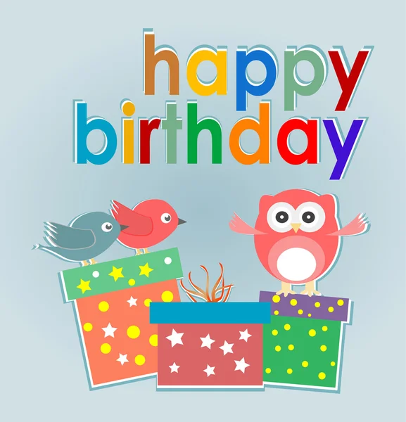 Birthday party card with cute owl, birds and gift boxes - happy birthday — Stock Photo, Image