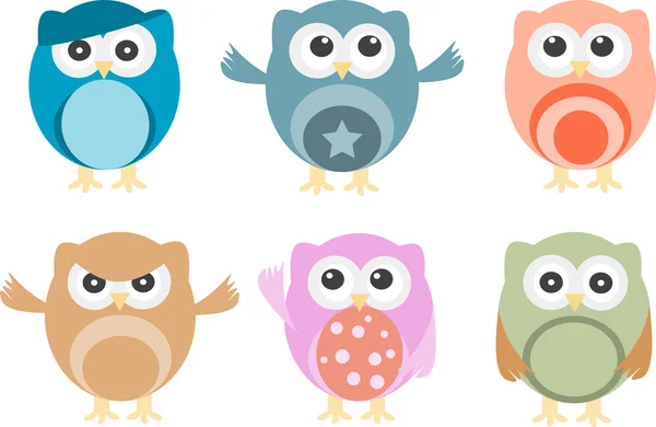 Set of six cartoon owls with various emotions — Stock Photo, Image