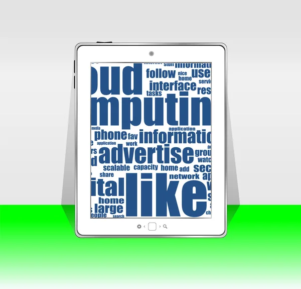 Black tablet pc with social words on screen — Stock Photo, Image