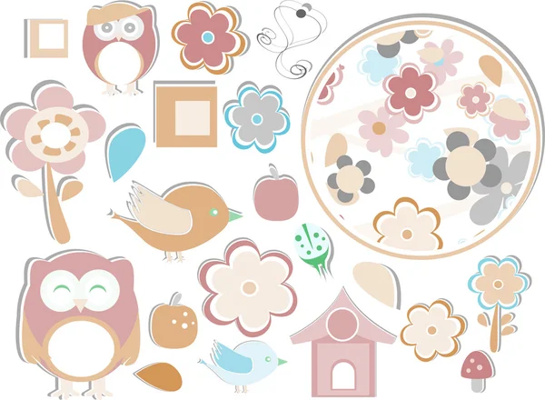 Uppsättning element - ugglor, fåglar, blommor, äpple, svamp, fjärilar, nyckelpigor etc. — Stockfoto