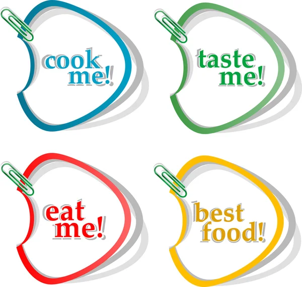 Eat me, taste me, cook me and best food stickers set — Stock Photo, Image