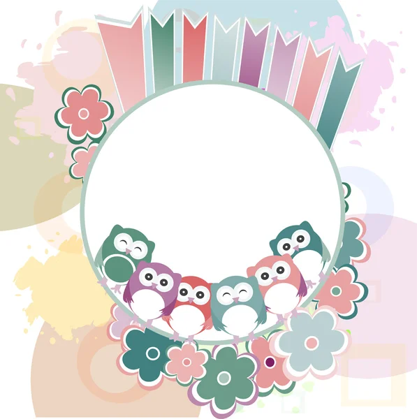 Seamless retro flowers and owl kids illustration background pattern — Stock Photo, Image