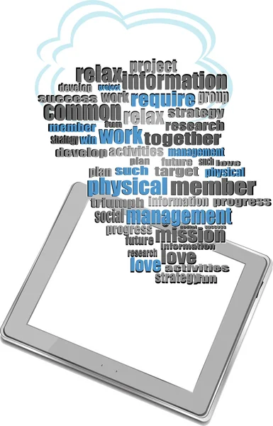 Tablet pc em palavras de mídia social, comunicação nas redes globais de computadores — Fotografia de Stock