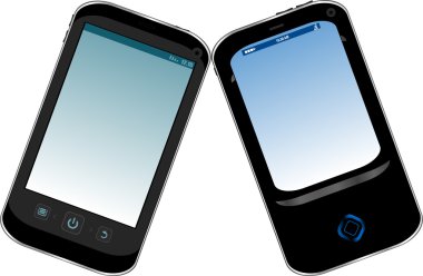 beyaz izole mavi ekranla birlikte iki hareket eden smartphones