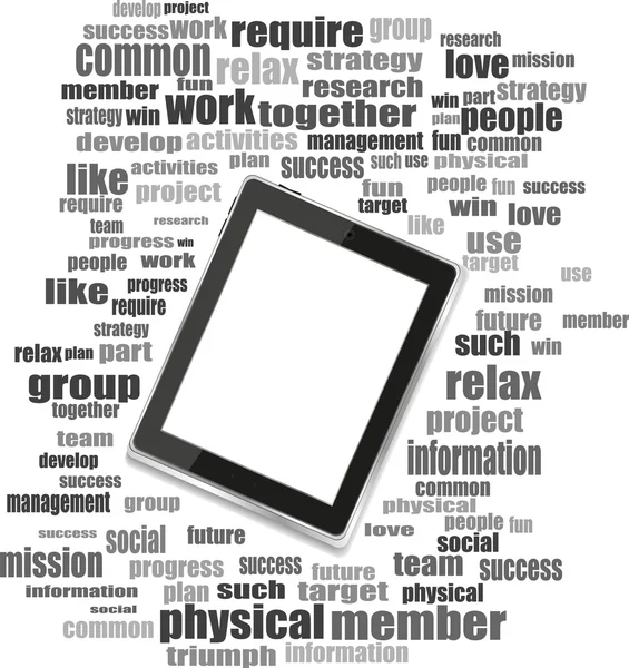 Tablet pc in social media words, communication in the global computer networks — Stock Photo, Image