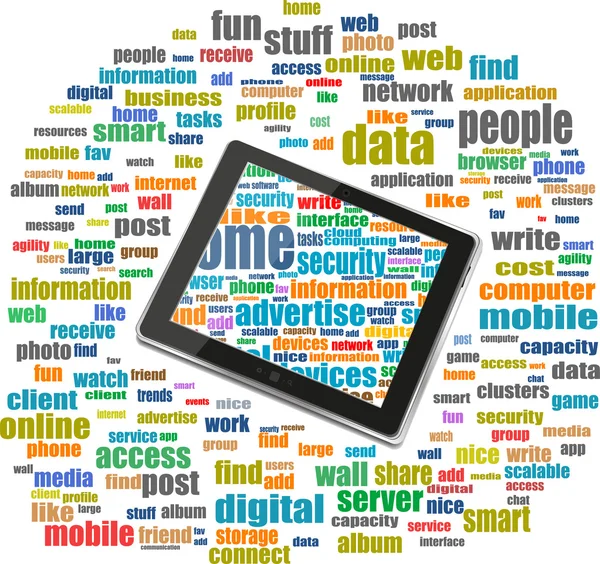 Tablet pc in social media words, communication in the global computer networks — Stock Photo, Image