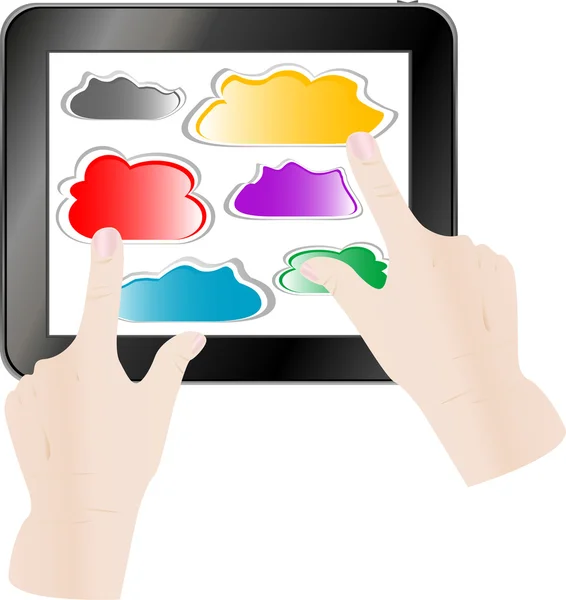 Hand te drukken op een wolk van papier op tablet pc-computer — Stockfoto