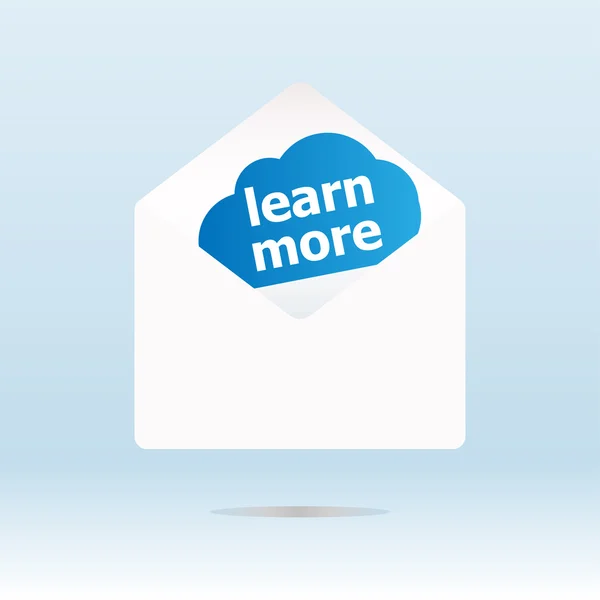 Aprender más palabra en la nube azul, sobre de correo — Foto de Stock