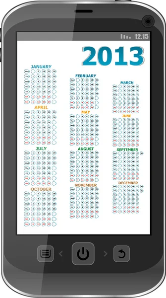 Black smart phone on white background with calendar 2013 — Stock Photo, Image