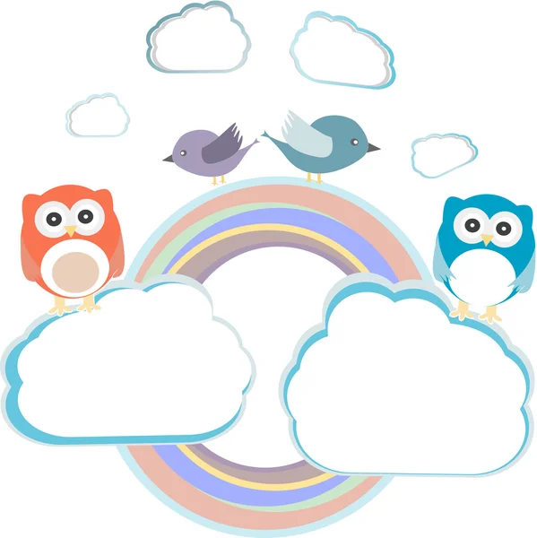Hintergrund mit Eulenpaar und Vögeln auf Wolken — Stockfoto