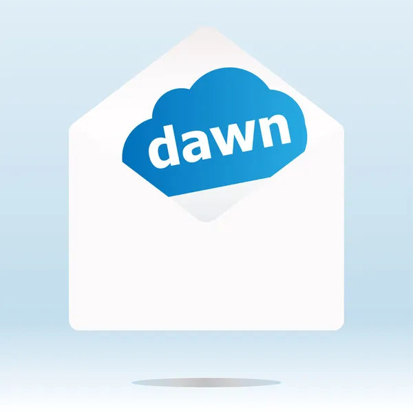 Świt słowo na blue cloud, papierowa koperta korespondencji — Zdjęcie stockowe