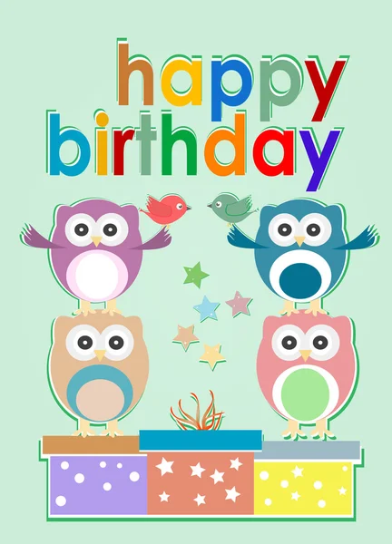 Card with cute owl, birds and gift boxes - happy birthday — Stock Photo, Image