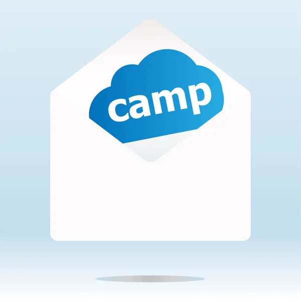 Camp word on blue cloud, paper mail envelope — Stockfoto