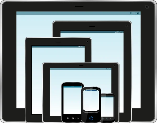 現実的な表示、タブレット コンピューター、ブルー スクリーンと携帯電話のテンプレートのセット — ストック写真