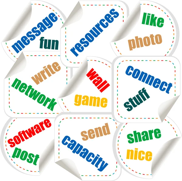 Κοινωνικών μέσων μαζικής ενημέρωσης αυτοκόλλητα με δικτύωση έννοια λέξεις — Φωτογραφία Αρχείου