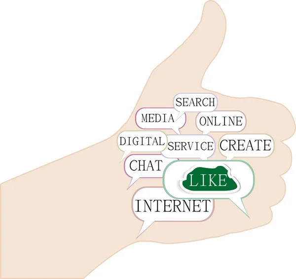 Illustration of the thumbs up symbol, which is composed of text keywords on like themes — Stock Photo, Image