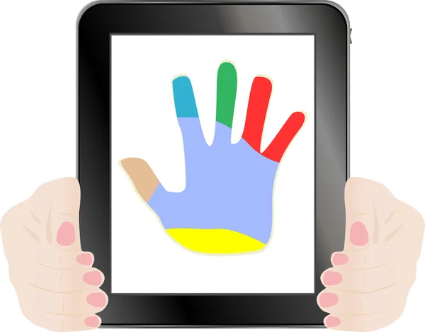 Black tablet pc with hand on the screen — Stock Photo, Image