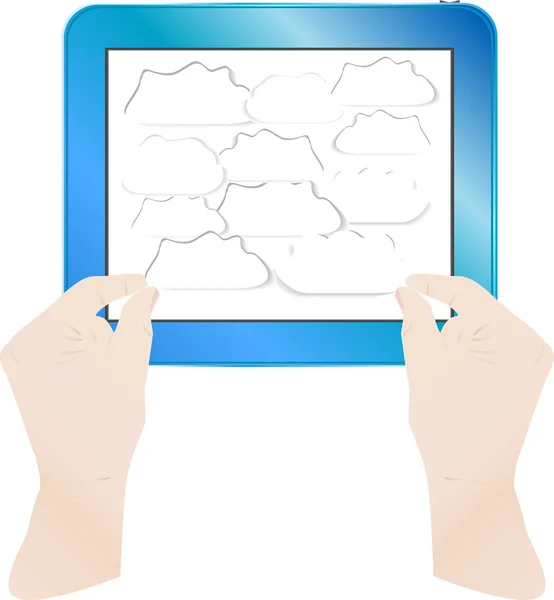 Handen met bubbels op computer tablet pc — Stockfoto