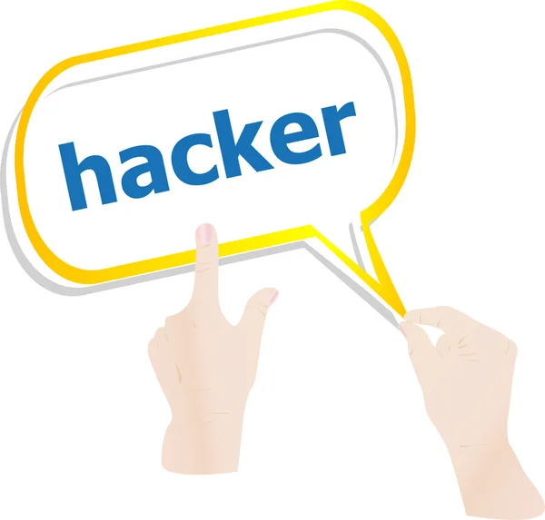 Ręce naciśnij słowo haker na dymki — Zdjęcie stockowe