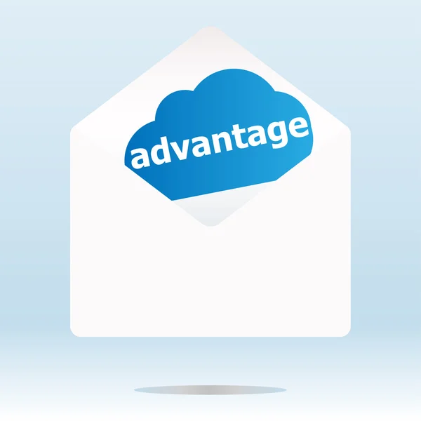 Advantage word blue cloud on white mail envelope — Stock Photo, Image