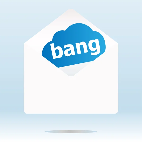 Bang palabra en la nube azul, sobre de correo de papel — Foto de Stock