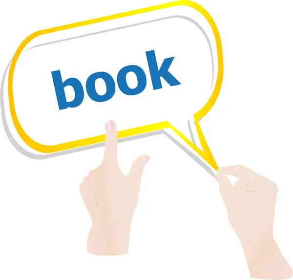 Hands push word book on speech bubbles — Stock Photo, Image