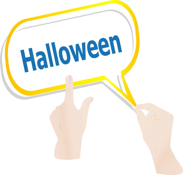 Mains pousser mot halloween sur bulles de parole, carte de vacances — Photo