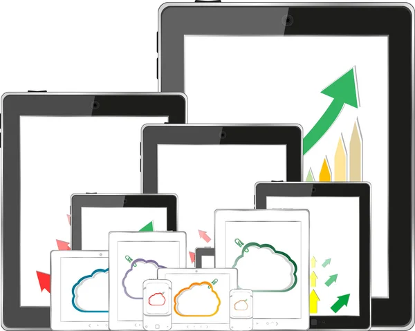 Cloud computing concept with tablet PC downloading data and arrow chart — Stock Photo, Image