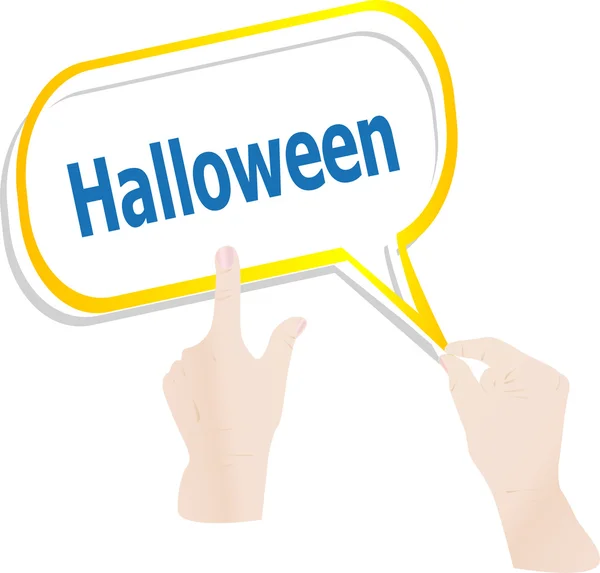 Mãos empurrar palavra halloween em bolhas de fala, cartão de férias — Fotografia de Stock