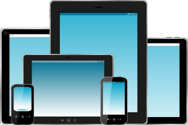 Mobil elektronik teknik kümesi. Mavi ekranlı akıllı telefon ve tablet pc