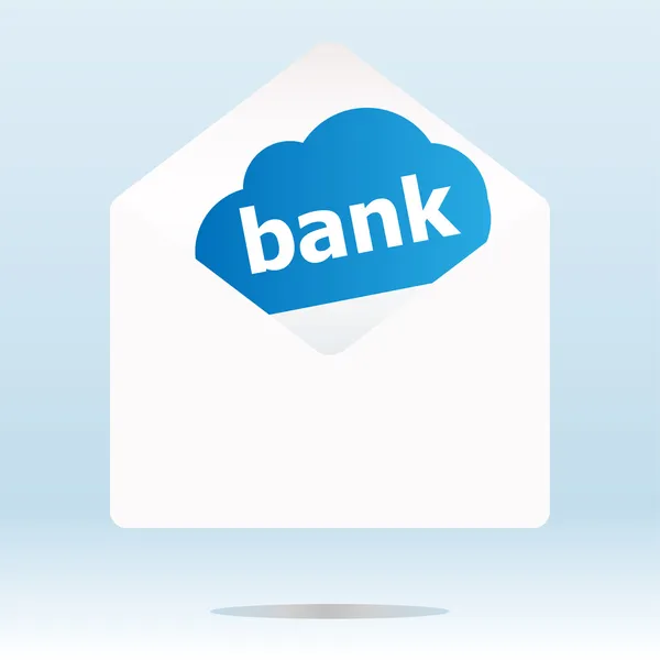 Банківське слово на блакитній хмарі, паперовий поштовий конверт — стокове фото