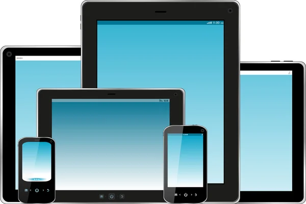 Het aantal mobiele elektronische technieken. slimme telefoon en tablet pc met blauw scherm — Stockfoto