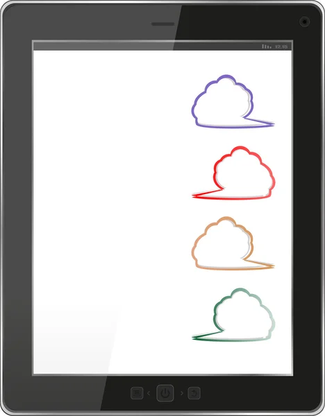 Concetto di cloud computing con tablet PC che scarica dati. Adesivo impostato su di esso — Foto Stock