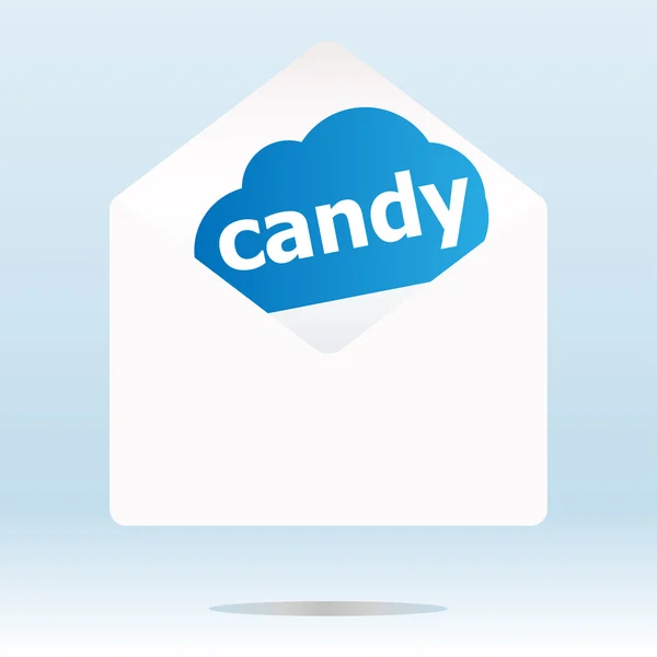 Candy word blue cloud on white mail envelope — Stock Photo, Image