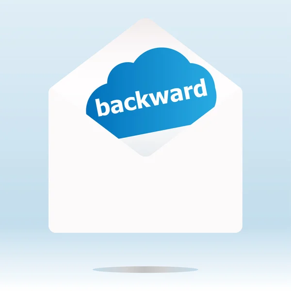 Palabra hacia atrás nube azul en sobre de correo blanco — Foto de Stock