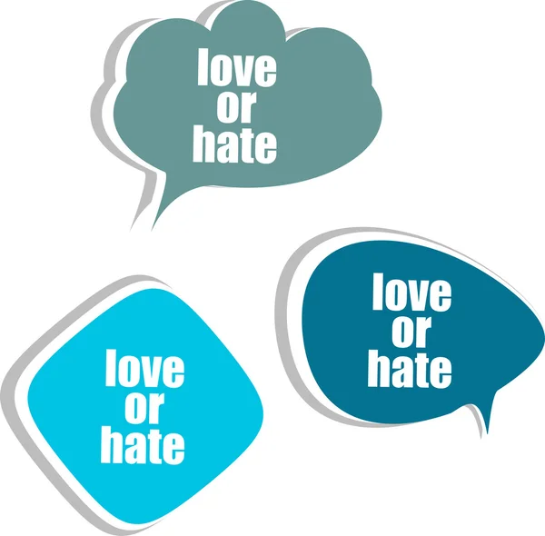 Kochać lub nienawidzić słowo w nowoczesnych szablonu banner projektu. Zestaw naklejek, etykiet, metek, chmury — Zdjęcie stockowe