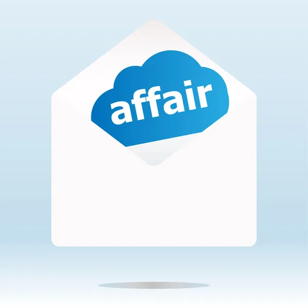 Affair word blue cloud on white mail envelope — Stock Photo, Image