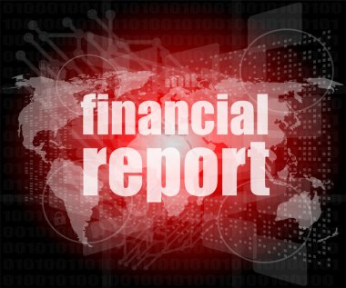 Finansal rapor kelimesi dijital ekranda, görev kontrol arayüzü hi teknolojisi