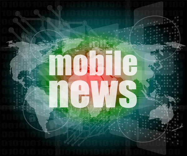 Palabras de noticias móviles en pantalla táctil digital, concepto de negocio —  Fotos de Stock