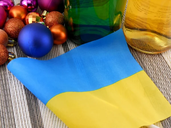 Ukraine flag with christmas decoration, new year card — Stock Photo, Image