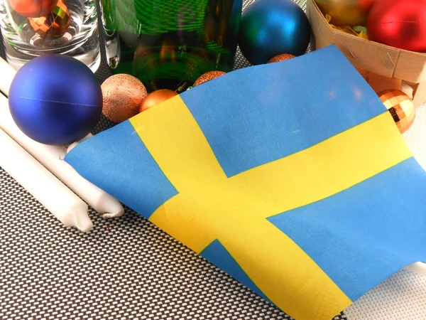 Sweden flag with christmas decoration, new year card — Stock Photo, Image