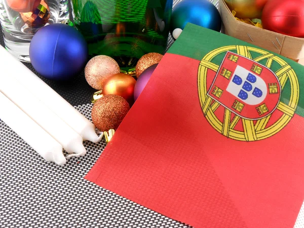 Portugal vlag met decoratie van Kerstmis, nieuwjaarskaart — Stockfoto
