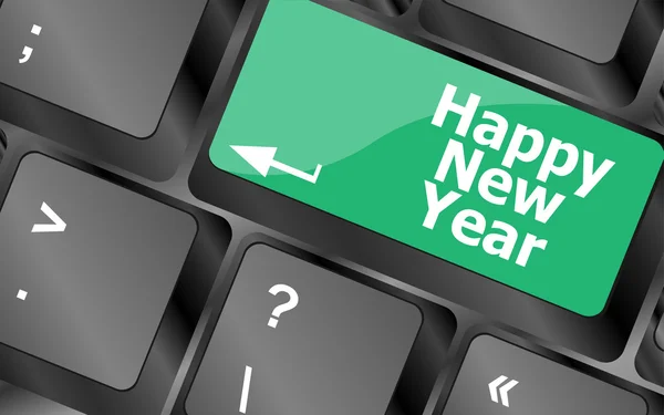 Gelukkig nieuw jaar bericht, toetsenbord invoeren sleutelknop naast — Stockfoto