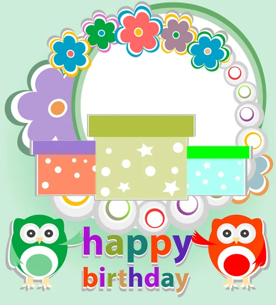 Birthday party card with cute birds and owl on trees and flowers — Stock Photo, Image