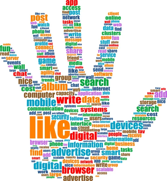Mãos, que é composto por palavras-chave de texto sobre temas de mídia social — Fotografia de Stock