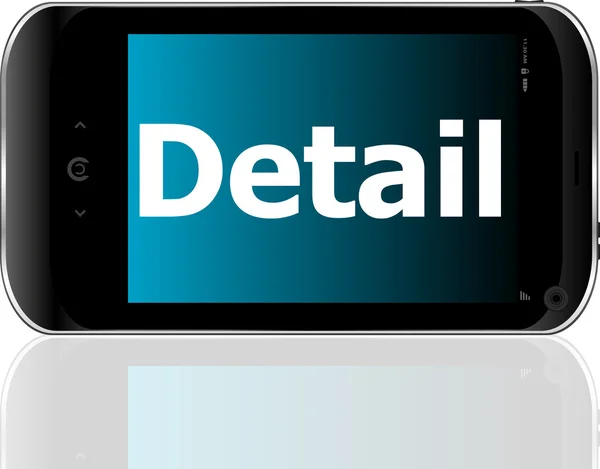 Conceito de marketing: smartphone com detalhes de texto em exibição. Telefone inteligente móvel no fundo branco — Fotografia de Stock