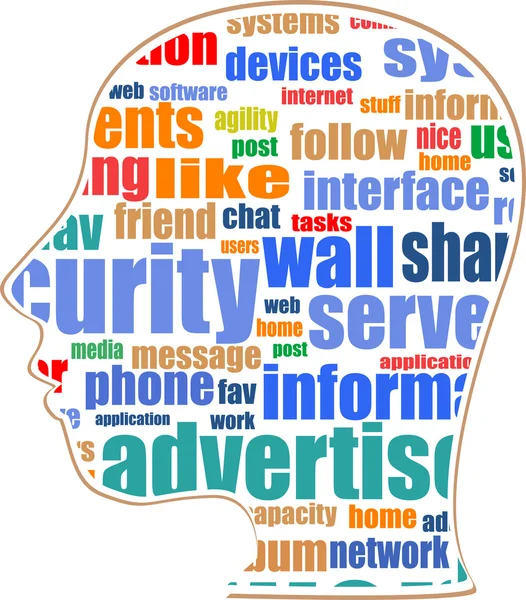 The silhouette of his head with the words on the topic of social networking — Stock Photo, Image